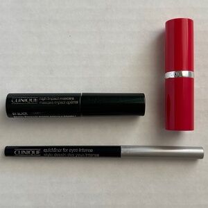 Clinique eyeliner, lipstick, and mascara